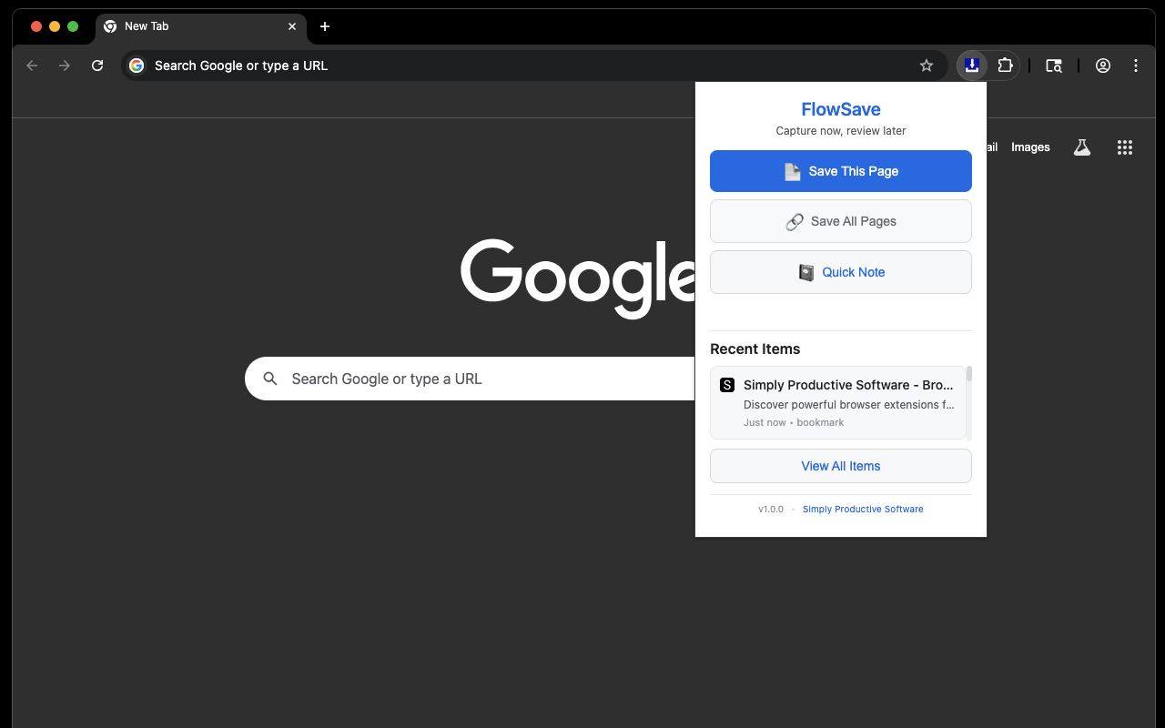 Screenshot of FlowSave extension showing bookmark and note capture interface