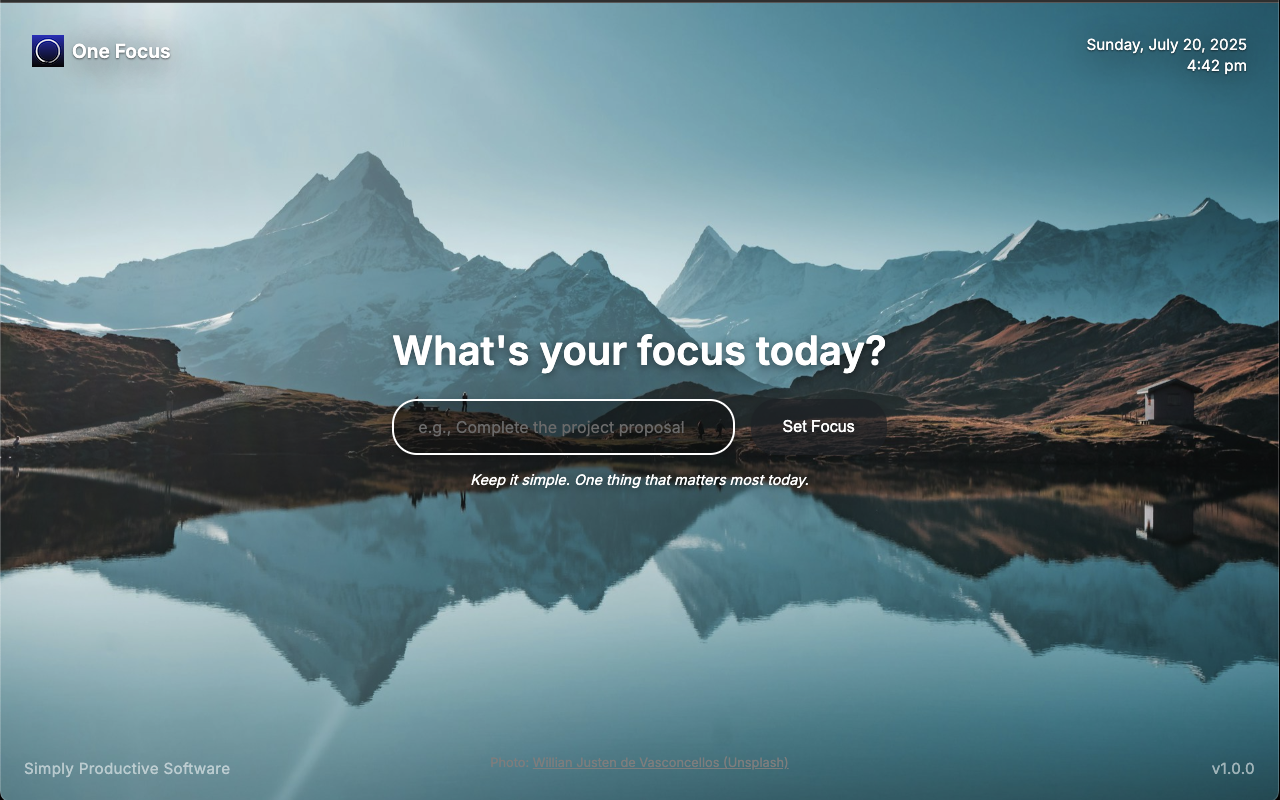 Screenshot of One Focus extension showing a prompt to set a focus for the day