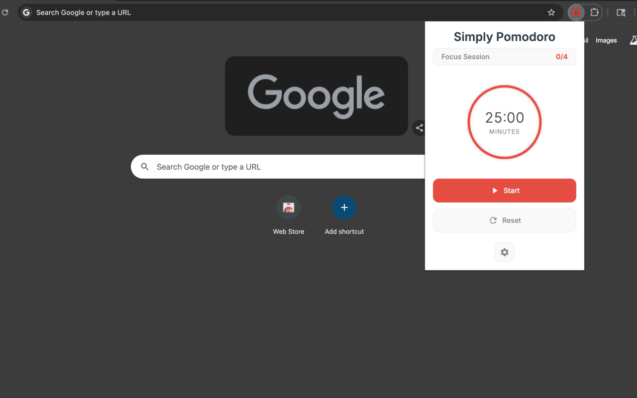 Screenshot of Simply Pomodoro extension showing timer interface with work and break intervals